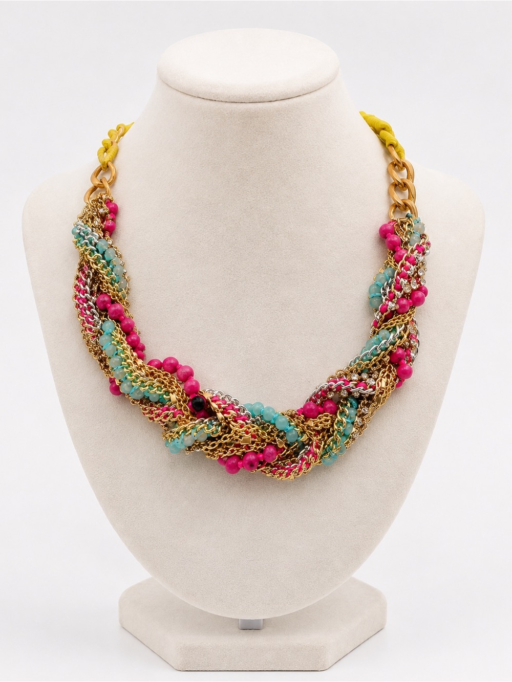 Multistrand Pink & Turquoise Beaded Chain Necklace